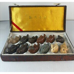 Vintage Chinese Miniature Zisha Teapot Set of 12 Original Silk Box Handcrafted
